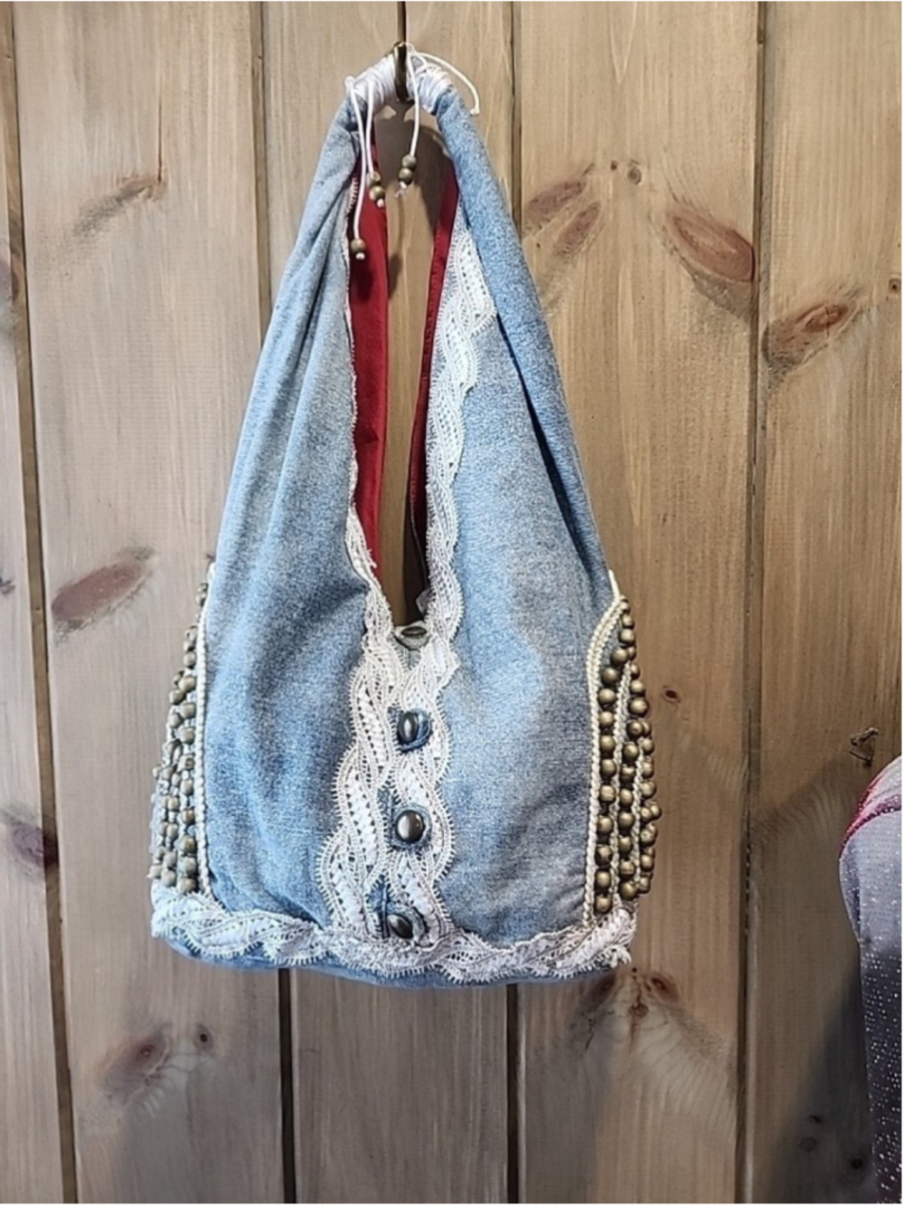 Womens Boho Studded Lace Denim Shoulder Bag